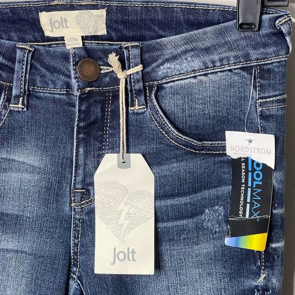 Jolt Juniors Size 1/25 Distressed Ripped Slim Fit Whiskered Denim Blue Jeans - Picture 3 of 8